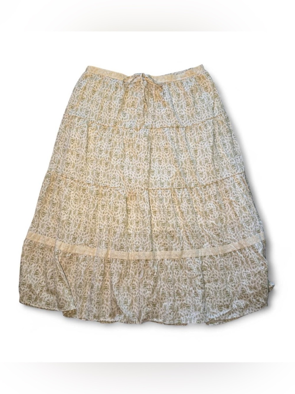Coquette Bridgerton cream and green floral maxi midi skirt elastic waistband L🗻